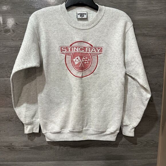 Vtg Lee Heavy Weight Crewneck Sweater Gray Embroidered Stingray Corvette Small - Picture 1 of 7